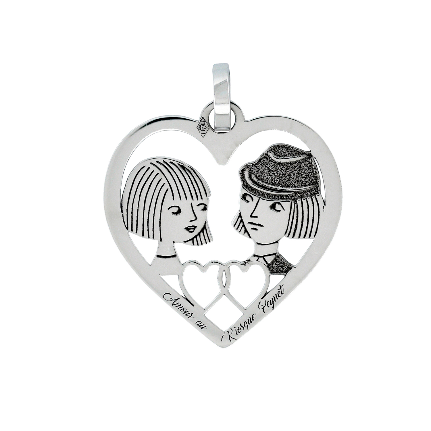 Médaille cœur en gris - Les Amoureux au Kiosque Peynet pendentif romantique