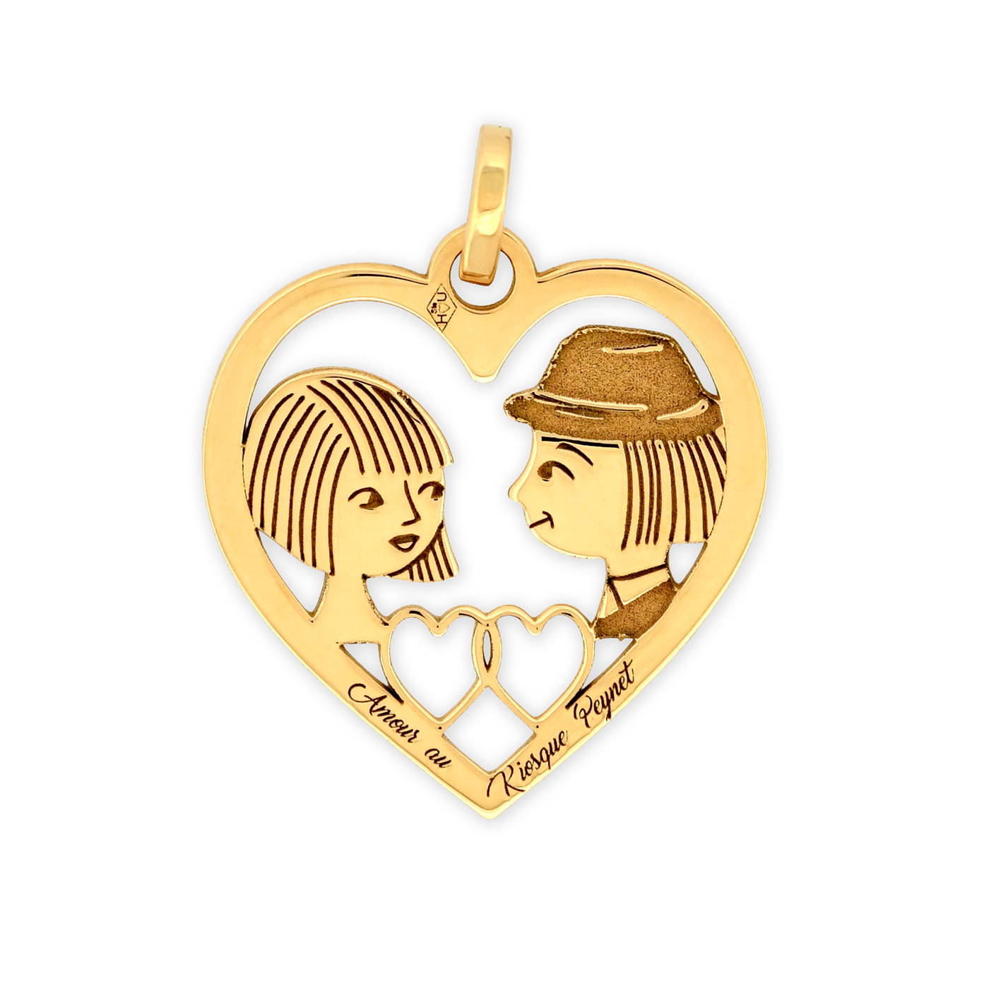 Médaille cœur en or jaune Les Amoureux au Kiosque Peynet pendentif romantique