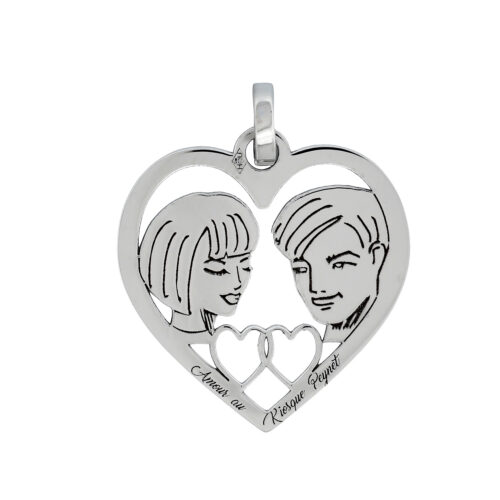 Médaille cœur en or gris - Les Amoureux au Kiosque Peynet pendentif romantique