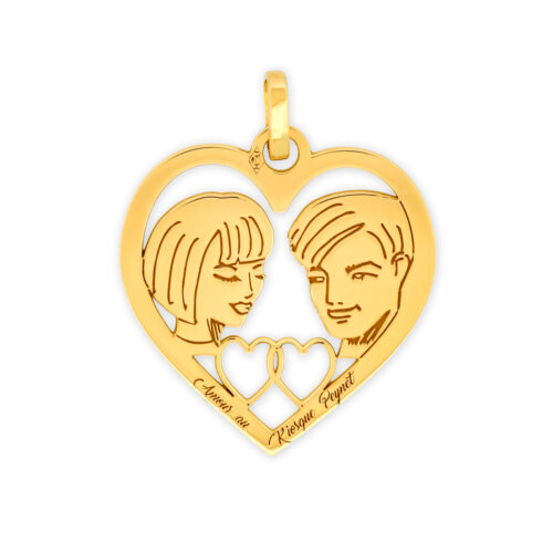 Médaille cœur en or jaune - Les Amoureux au Kiosque Peynet pendentif romantique