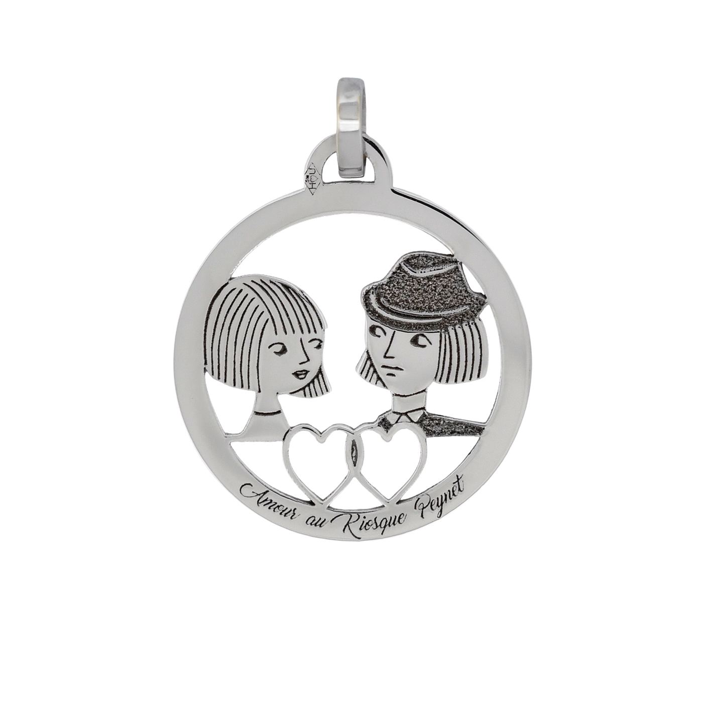 Médaille ronde en or gris - Les Amoureux au Kiosque Peynet pendentif romantique