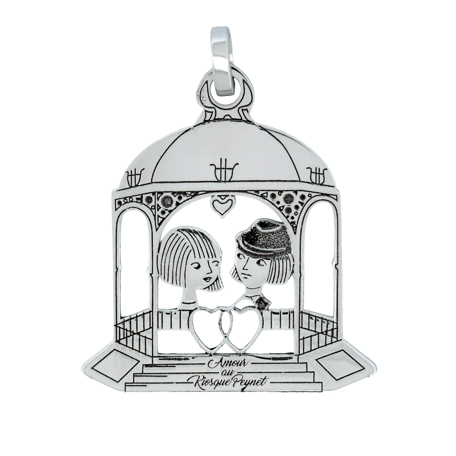 Médaille kiosque en or gris - Les Amoureux au Kiosque Peynet médaille romantique