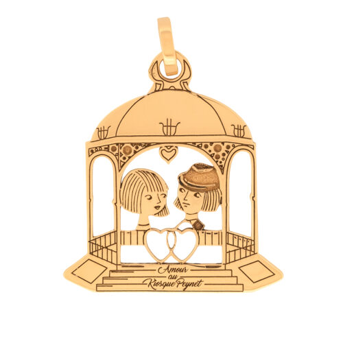 Médaille kiosque en or jaune - Les Amoureux au Kiosque Peynet pendentif romantique