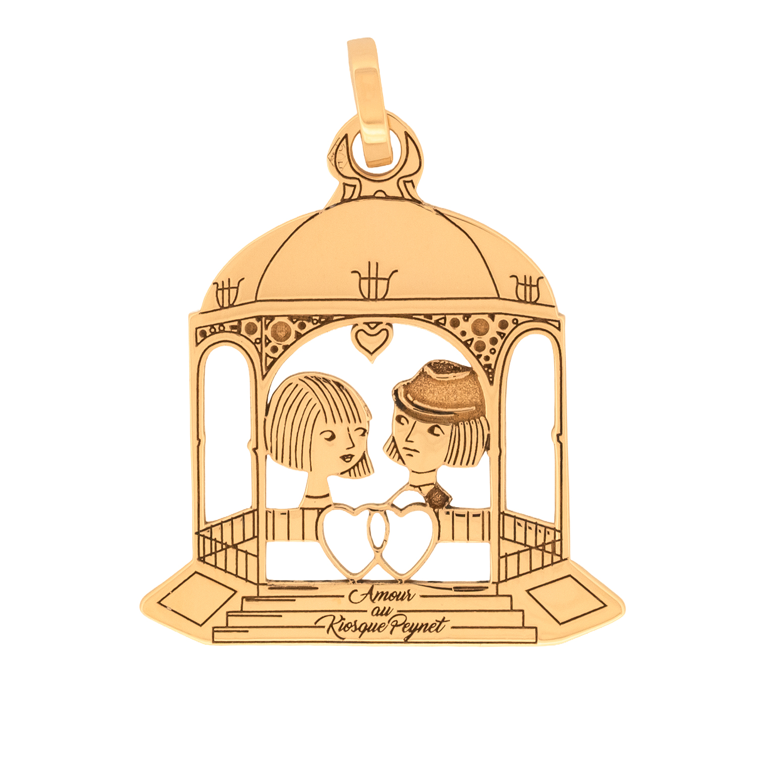 Médaille kiosque en or jaune - Les Amoureux au Kiosque Peynet pendentif romantique