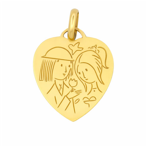 Médaille cœur en or jaune - Les Amoureux au Kiosque Peynet pendentif romantique