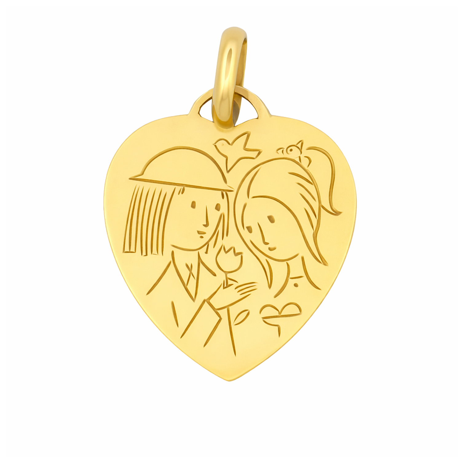 Médaille cœur en or jaune - Les Amoureux au Kiosque Peynet pendentif romantique