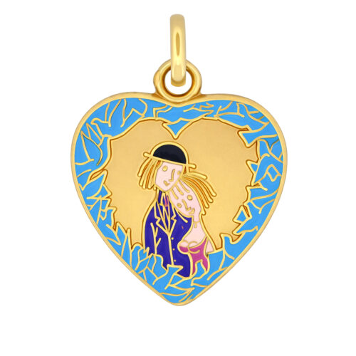 Médaille cœur en or jaune - Les Amoureux au Kiosque Peynet pendentif romantique