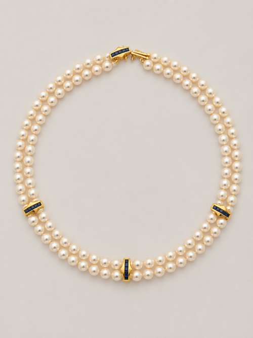 Collier de perles naturelles serti de saphirs bleus - Les Amoureux au Kiosque Peynet