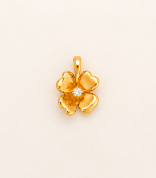 Médaille fleur en or jaune sertie d'un diamant - Les Amoureux au Kiosque Peynet