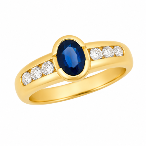 Bague en or jaune sertie d'un saphir et de diamants - Les Amoureux au Kiosque Peynet