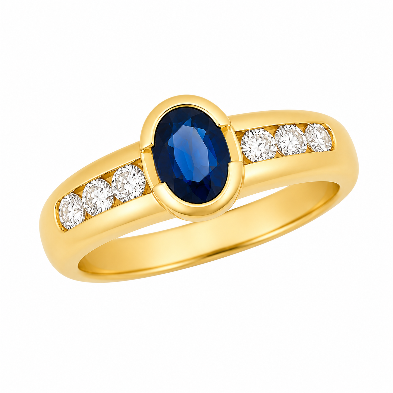 Bague en or jaune sertie d'un saphir et de diamants - Les Amoureux au Kiosque Peynet