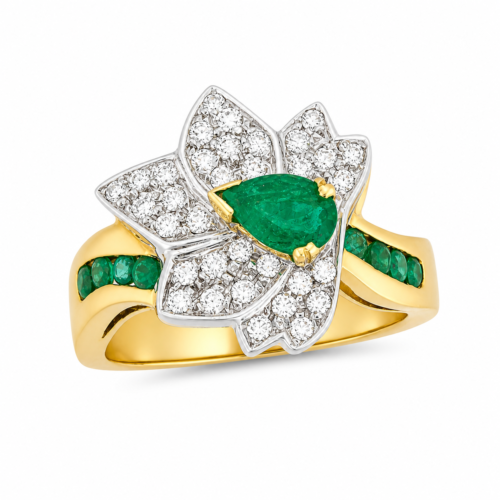 Bague en or jaune sertie de diamants et d’émeraudes - Kiosque Peynet