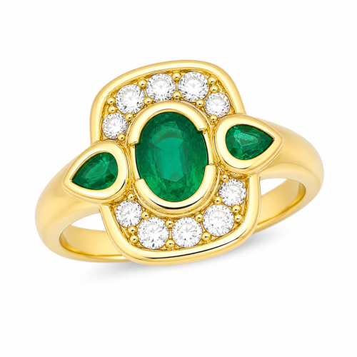 Bague en or jaune sertie de diamants et d’émeraudes - Les Amoureux au Kiosque Peynet