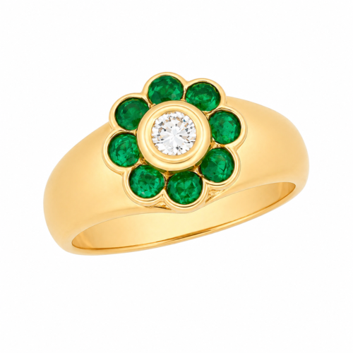 Bague fleur en or jaune sertie d'émeraudes et d'un diamant - Les Amoureux au Kiosque Peynet