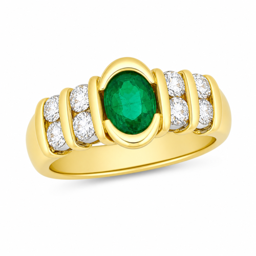 Bague en or jaune sertie de diamants et d’émeraudes - Les Amoureux au Kiosque Peynet