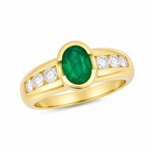 Bague en or jaune sertie de diamants et d’émeraudes - Les Amoureux au Kiosque Peynet