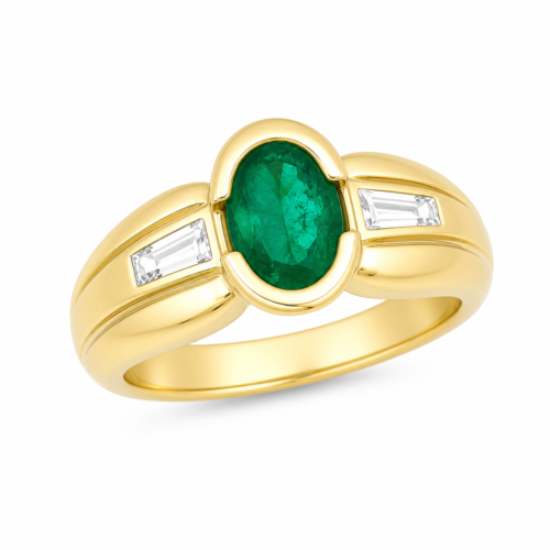 Bague en or jaune sertie de diamants et d’une émeraude - Les Amoureux au Kiosque Peynet