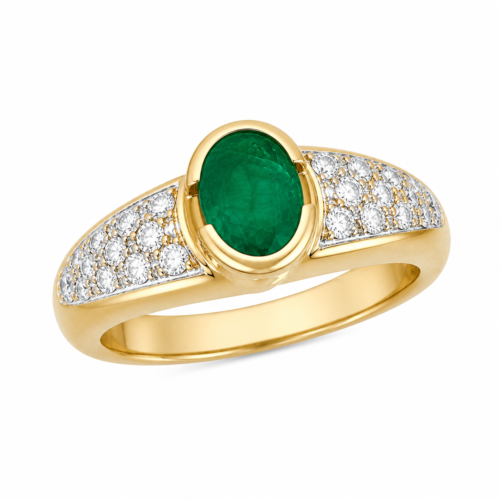 Bague en or jaune sertie de diamants et d’une émeraude - Les Amoureux au Kiosque Peynet